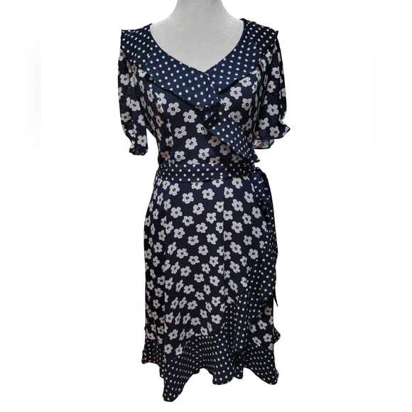 Review Dresses & Skirts - Review Womens Size 8 Navy Blue & White Floral & Polka Dot Ruffled Midi Dress